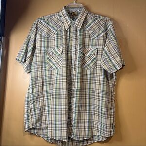 25. Holt Mens Western Cowboy Shirt Multicolor Beige Plaid Short Sleeve Snaps XL